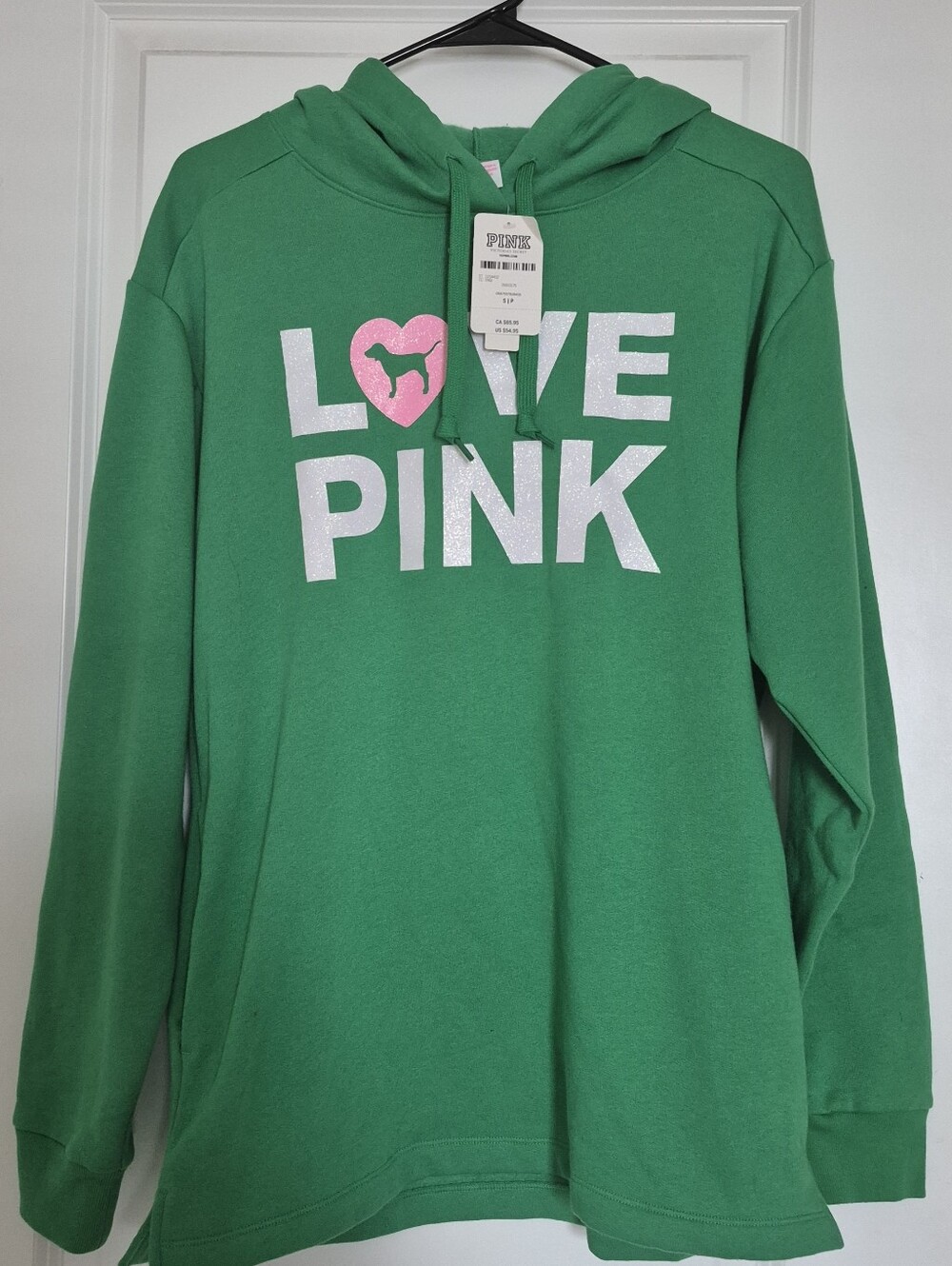 PINK Victoria's Secret Green 'Love Pink' Hooded Sweatshirt with Pink Heart
